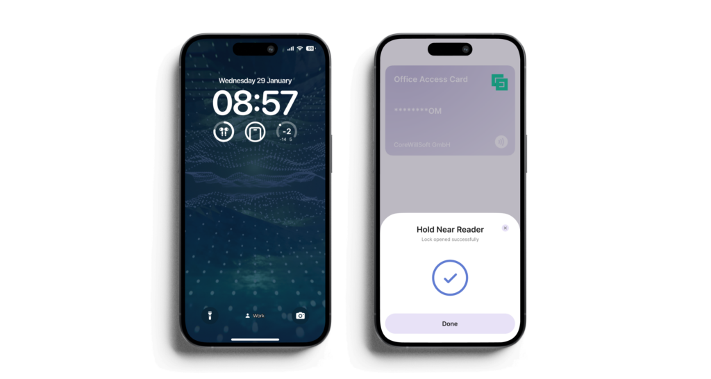 Two iPhones displaying an NFC HCE mobile access flow: lock screen widget activation and successful door unlock confirmation via Office Access Card