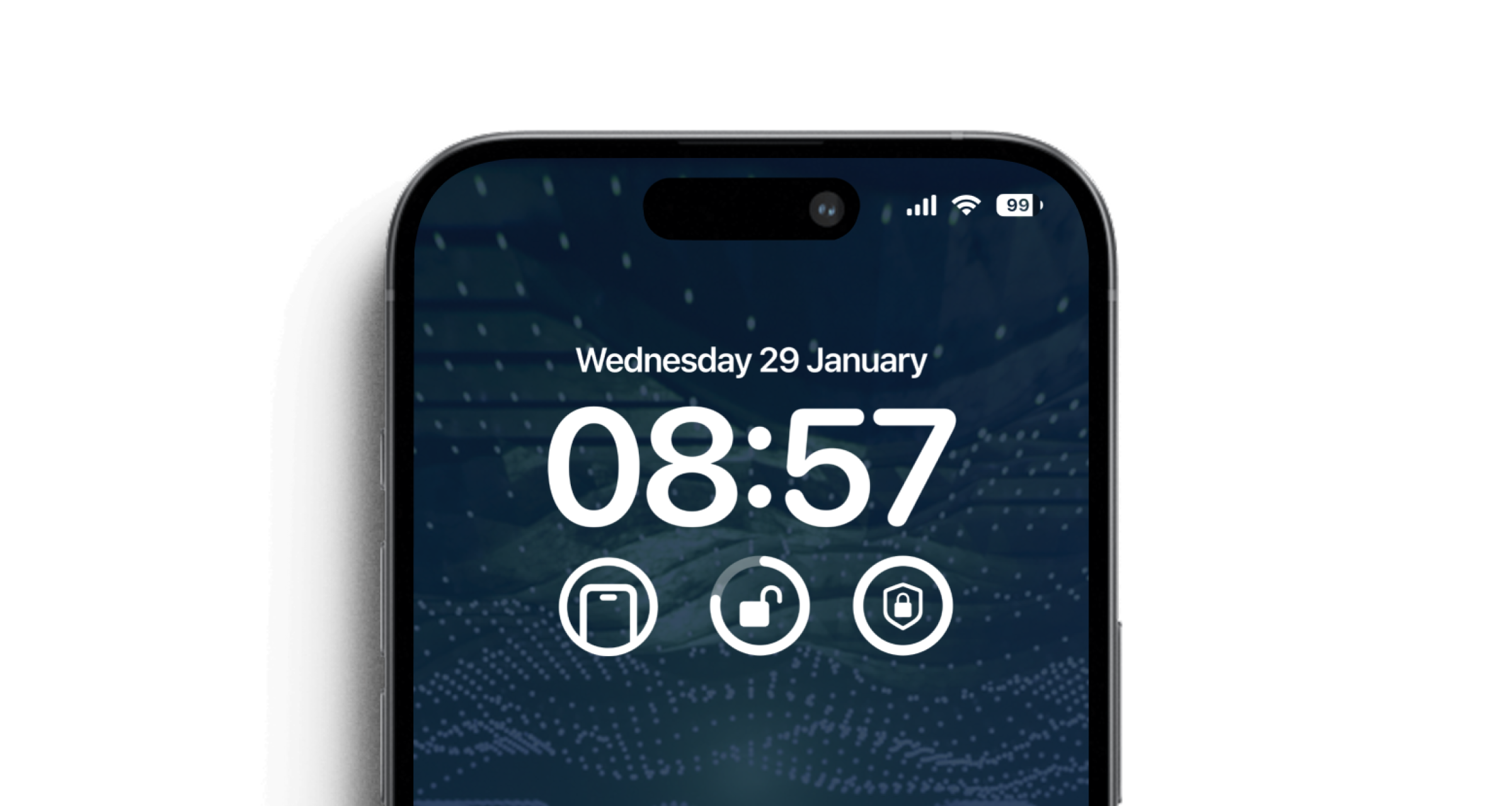 iPhone lock screen showing multiple interactive widgets, including mobile access, illustrating customizable quick-action controls